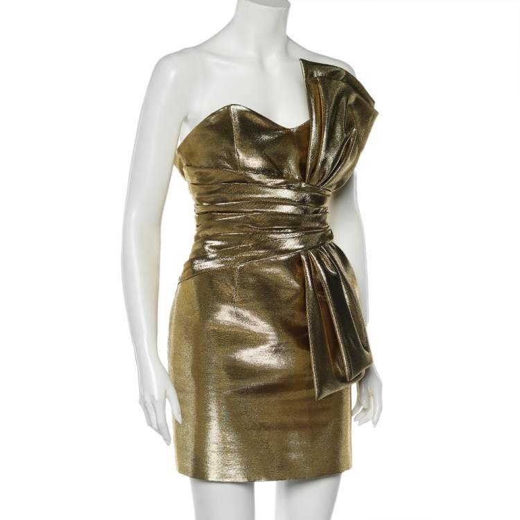 Pre Owned Saint Laurent Gold Lurex Bow Detail Strapless Mini Dress XL