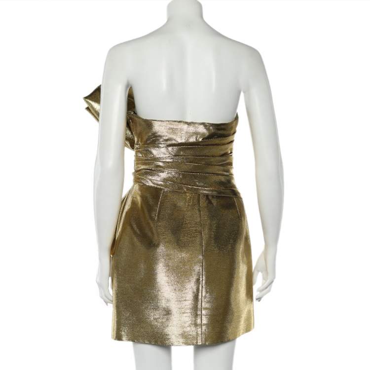 Pre Owned Saint Laurent Gold Lurex Bow Detail Strapless Mini Dress XL