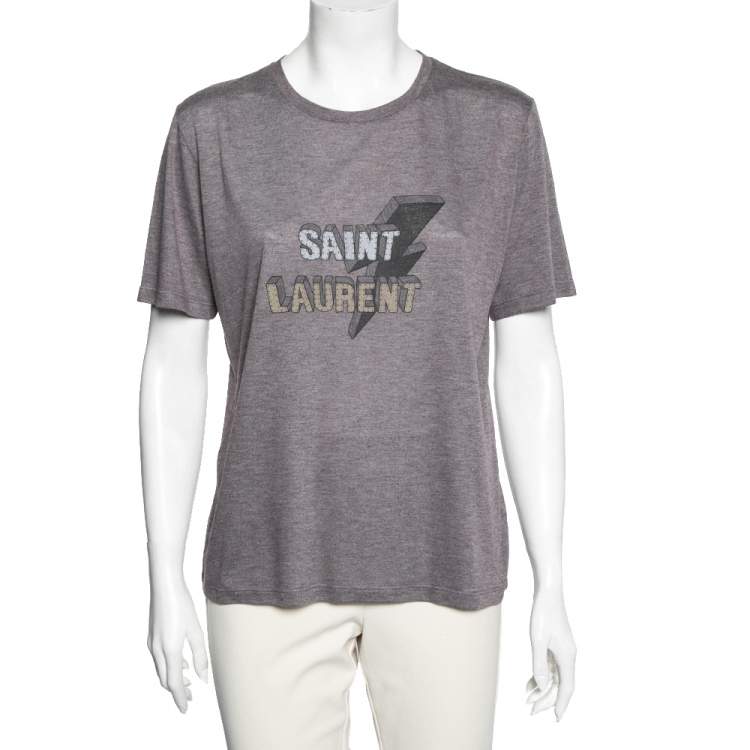 Pre Owned Saint Laurent Grey Cotton Saint Laurent Primed Crew Neck Short Sleeve Top XS