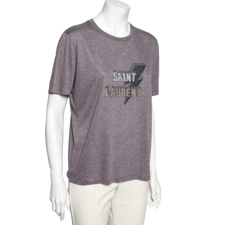 Pre Owned Saint Laurent Grey Cotton Saint Laurent Primed Crew Neck Short Sleeve Top XS
