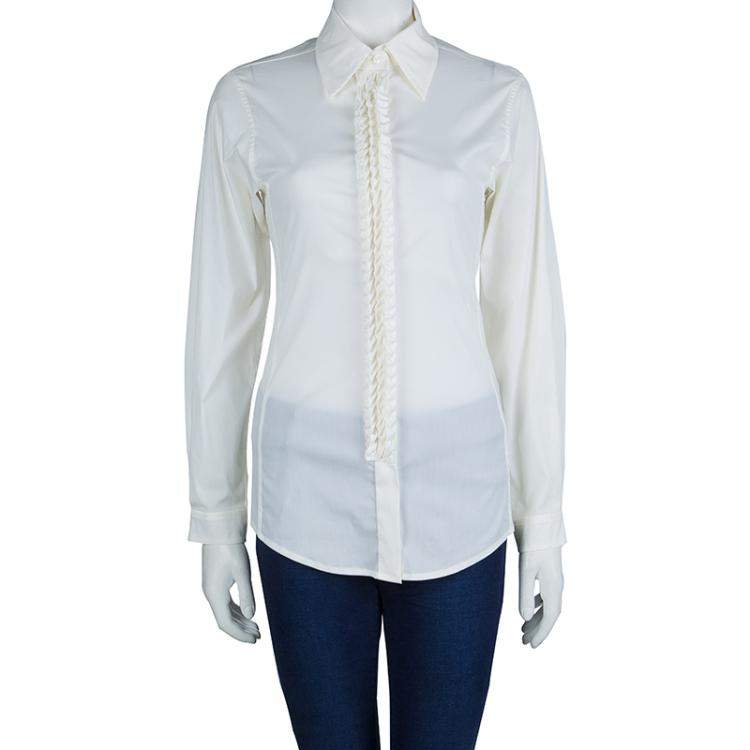 Pre Owned Saint Laurent Paris Off White Textured Placket Detail Long Sleeve Shirt S