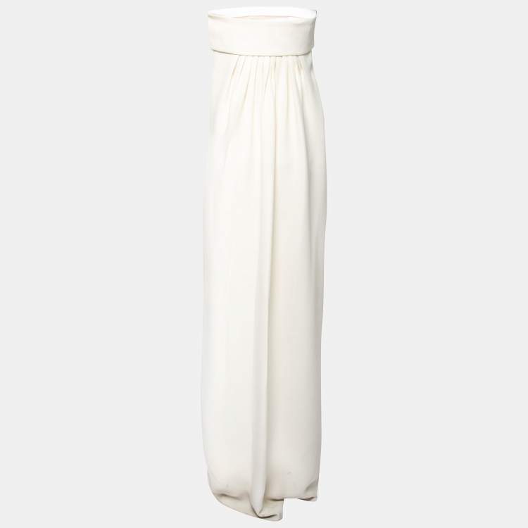 Pre Owned Saint Laurent Cream Silk Crepe Strapless Asymmetric Maxi Dress S