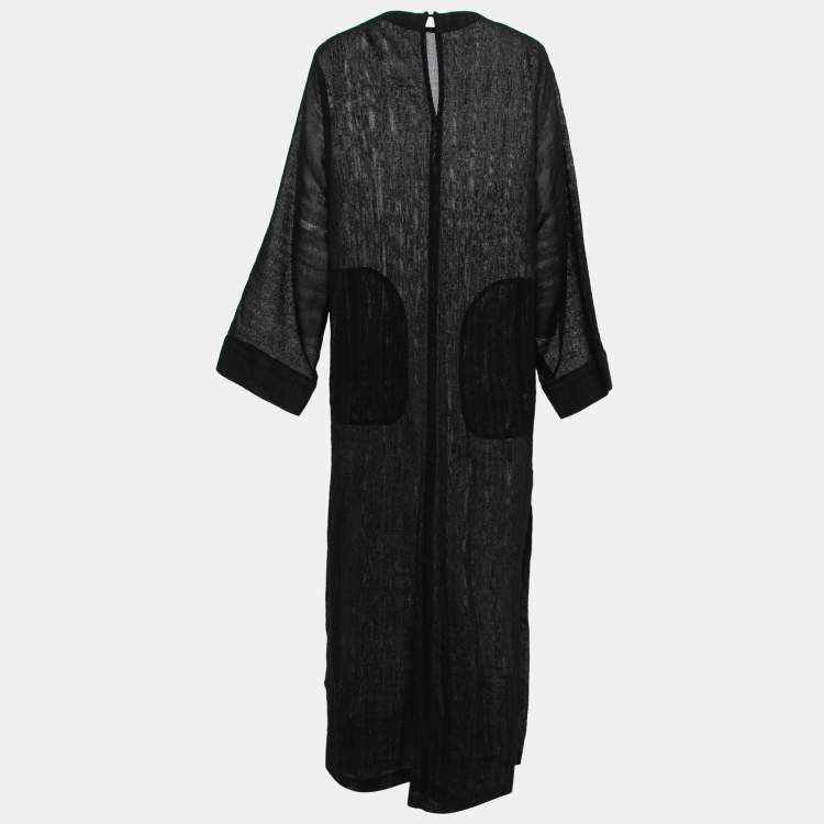Pre Owned Saint Laurent Black Striped Wool Side Slit Maxi Dress XL