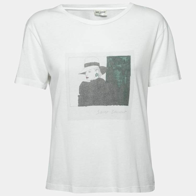 Pre Owned Saint Laurent White Printed Cotton Short Sleeve T-Shirt XS
