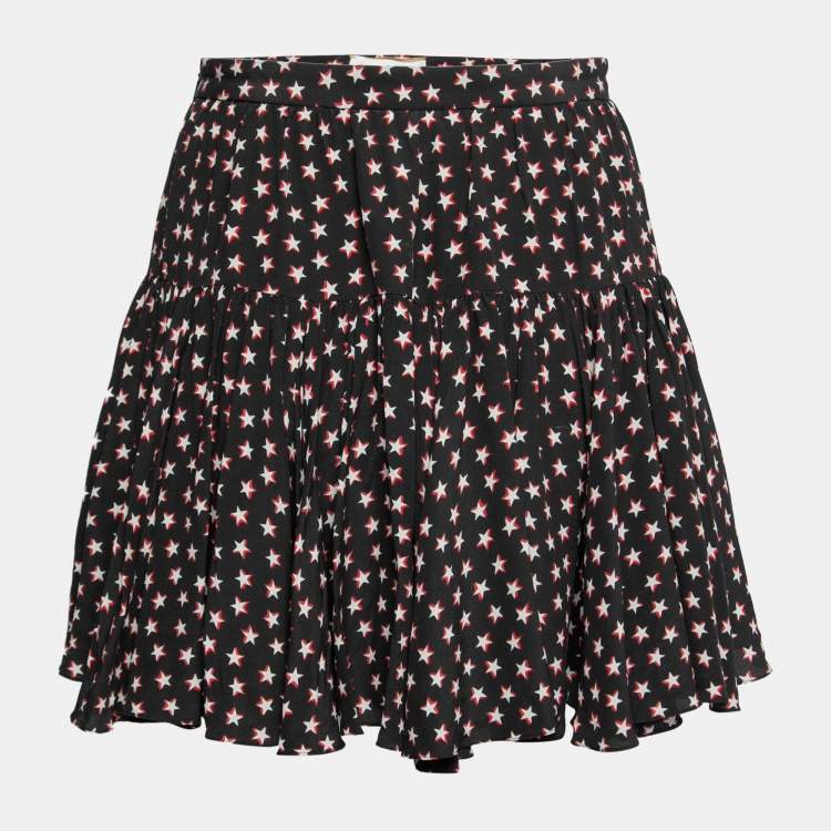 Pre Owned Saint Laurent Black Star Print Silk Ruffled Skirt M