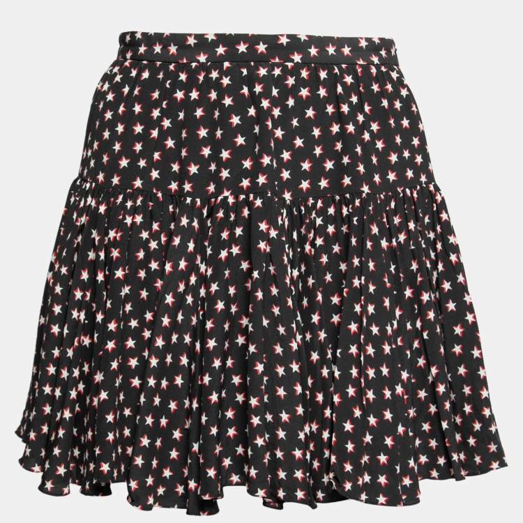 Pre Owned Saint Laurent Black Star Print Silk Ruffled Skirt M