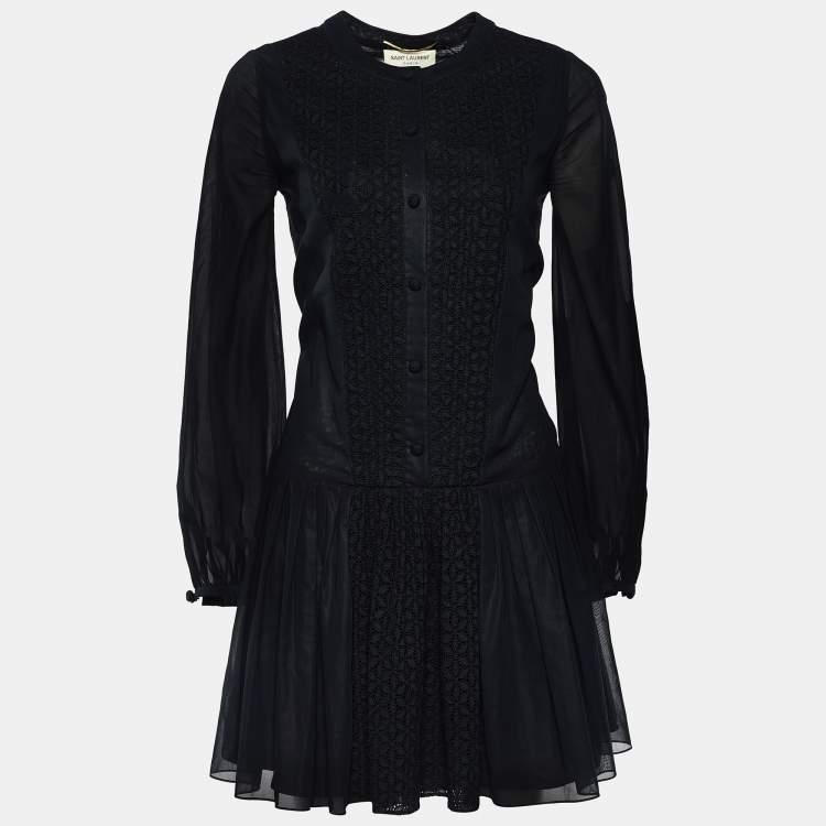 Pre Owned Saint Laurent Black  Cotton Pleat Detail Long Sleeve Dress M