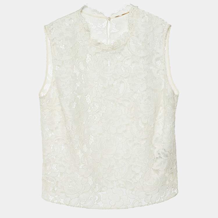 Pre Owned Saint Laurent White Lace Sleeveless Blouse M