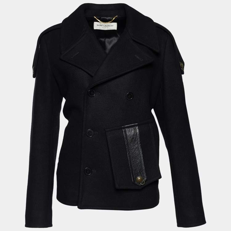 Pre Owned Saint Laurent Black Wool Leather Trimmed Flap Pocket Detailed Jacket M