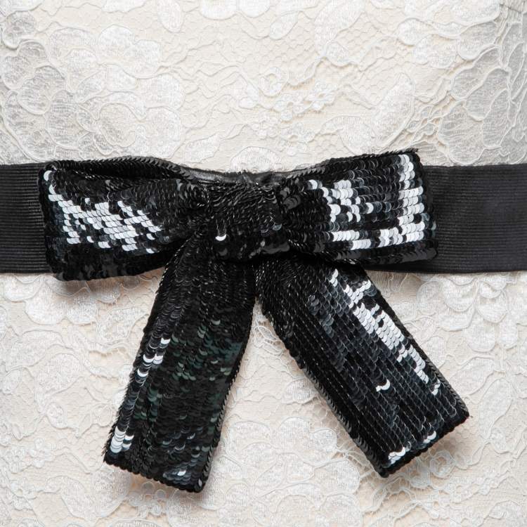 Pre Owned Saint Laurent Cream Floral Lace Sequined Bow Detail Dress S
