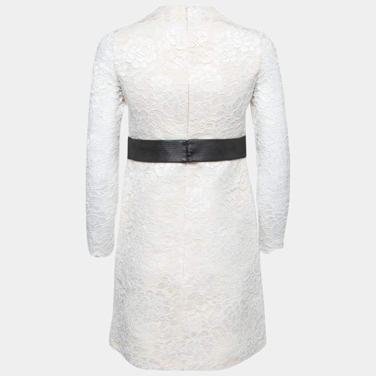 Pre Owned Saint Laurent Cream Floral Lace Sequined Bow Detail Dress S