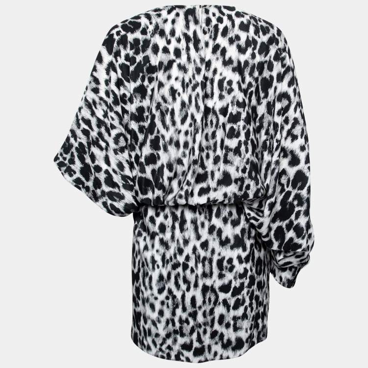 Pre Owned Saint Laurent Grey Leopard Print Silk Asymmetric Mini Dress S