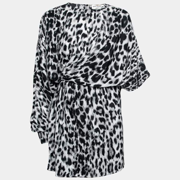 Pre Owned Saint Laurent Grey Leopard Print Silk Asymmetric Mini Dress S