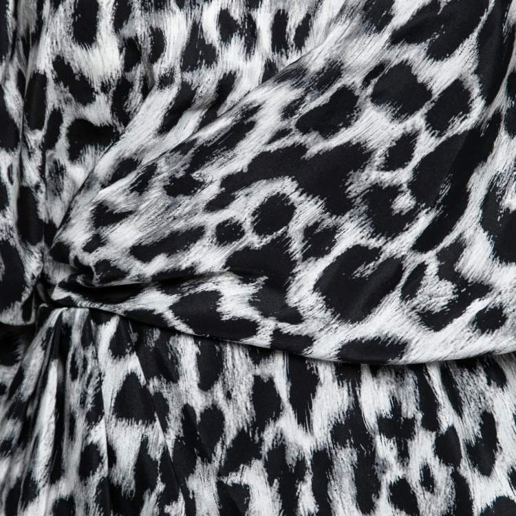 Pre Owned Saint Laurent Grey Leopard Print Silk Asymmetric Mini Dress S