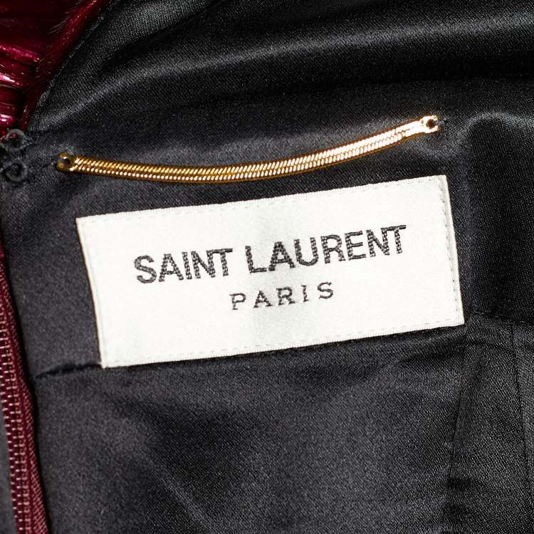 Pre Owned Saint Laurent   Burgundy Lurex Velvet Pleated Mini Dress M