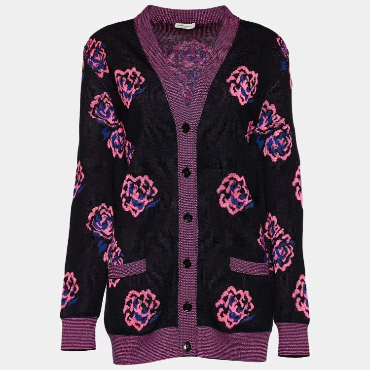 Pre Owned Saint Laurent Black Rose Jacquard Knit Button Front Cardigan M