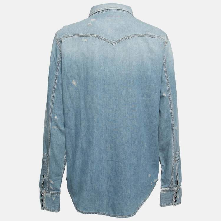 Pre Owned Saint Laurent Paris Light Blue Distressed Denim Pocketed Shirt L