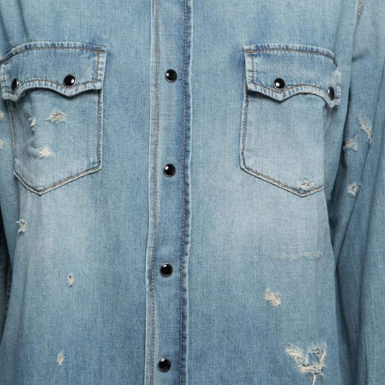 Pre Owned Saint Laurent Paris Light Blue Distressed Denim Pocketed Shirt L