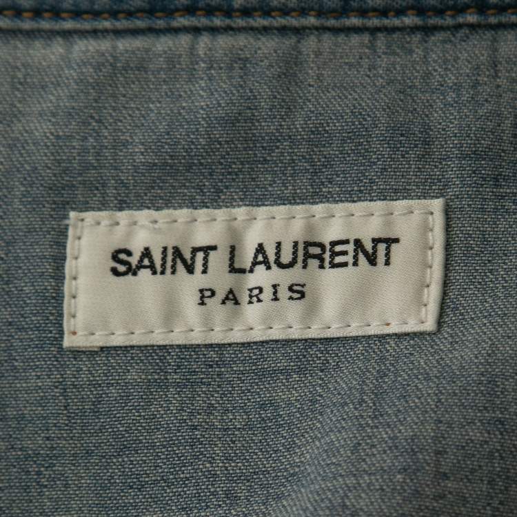 Pre Owned Saint Laurent Paris Light Blue Distressed Denim Pocketed Shirt L