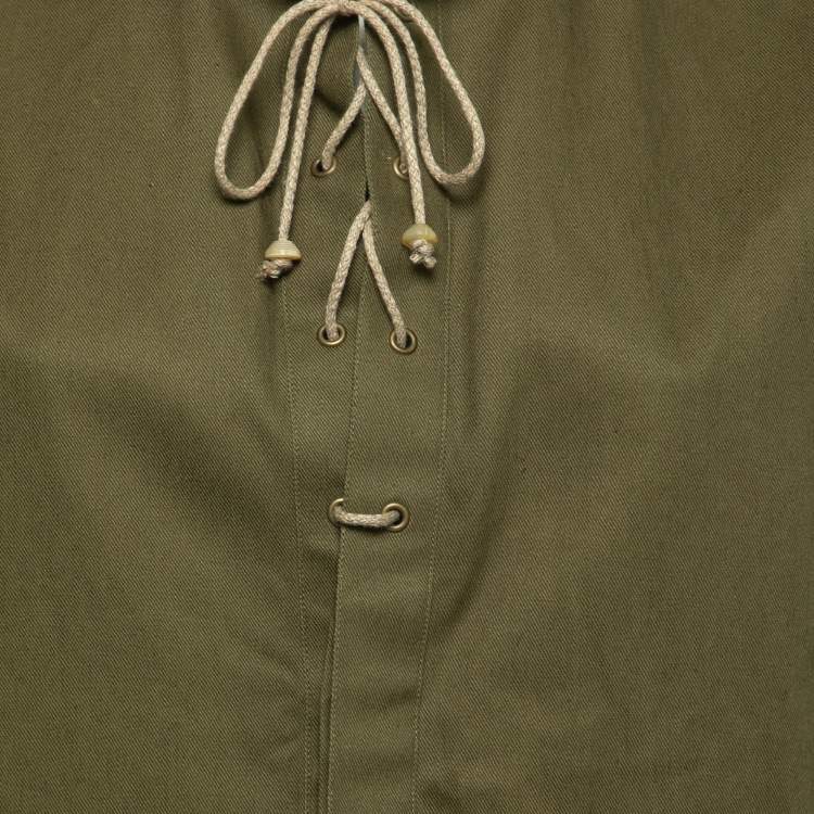 Pre Owned Saint Laurent Olive Green Cotton Lace Up Detail Blouse M