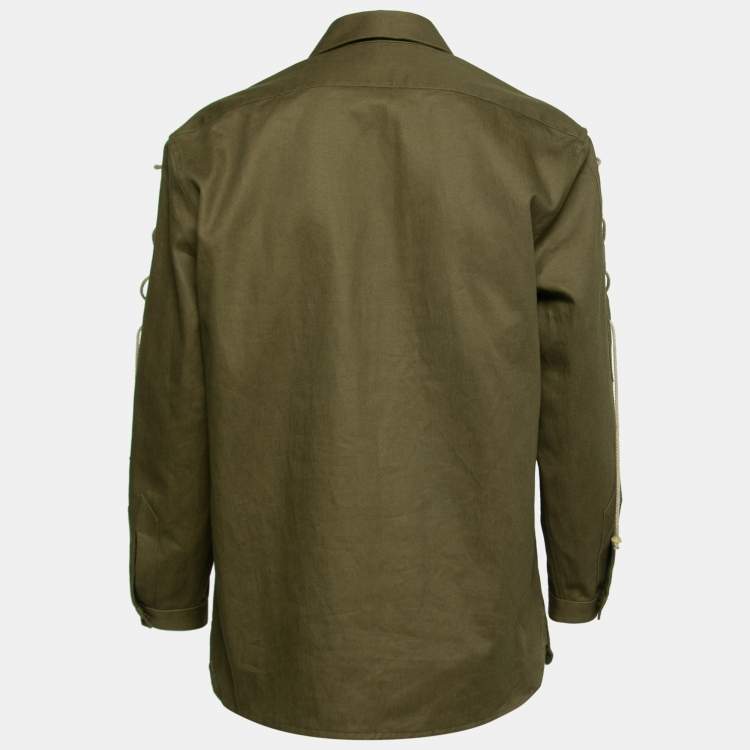 Pre Owned Saint Laurent Olive Green Cotton Lace Up Detail Blouse M