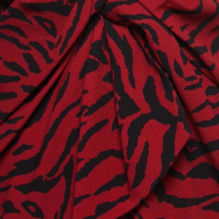 Pre Owned Saint Laurent Red Tiger Striped Crepe Plunge Neck Midi Dress S