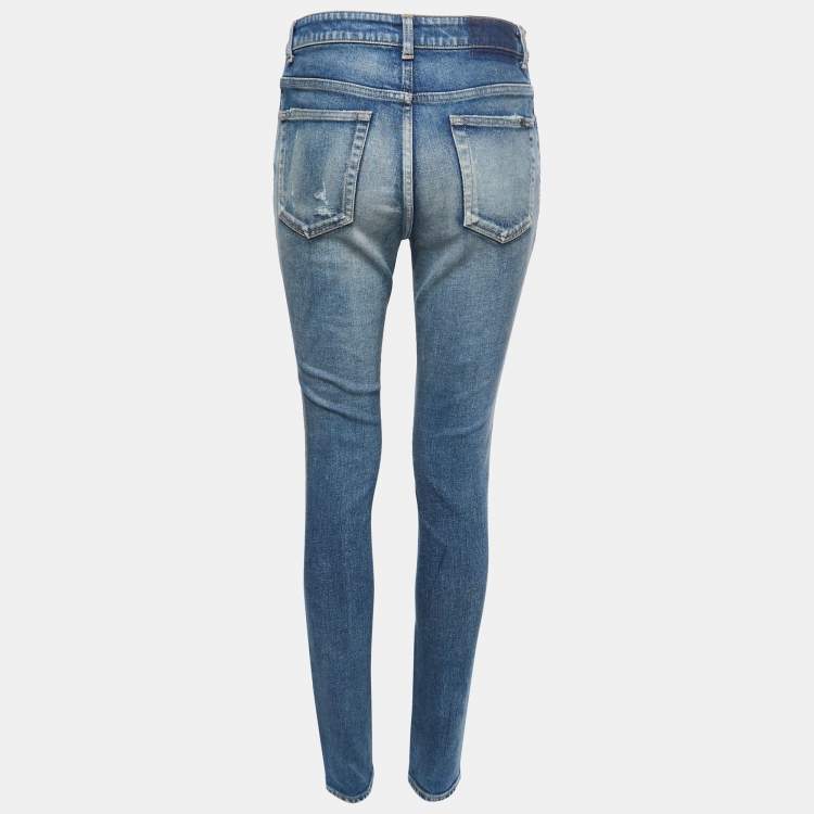 Saint Laurent Paris Blue Washed Distressed Denim Skinny Jeans M