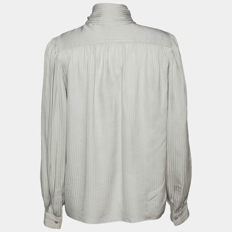 Pre Owned Saint Laurent Rive Gauche Grey Striped Silk Neck Tie Top M