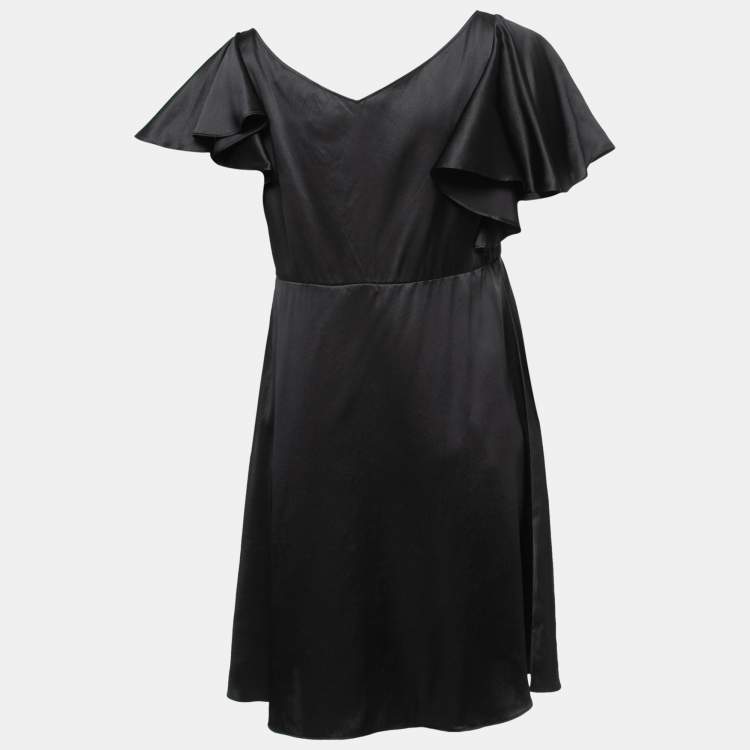 Pre Owned Saint Laurent Black Silk Satin Cut Out Ruffle Sleeve Short Dress L