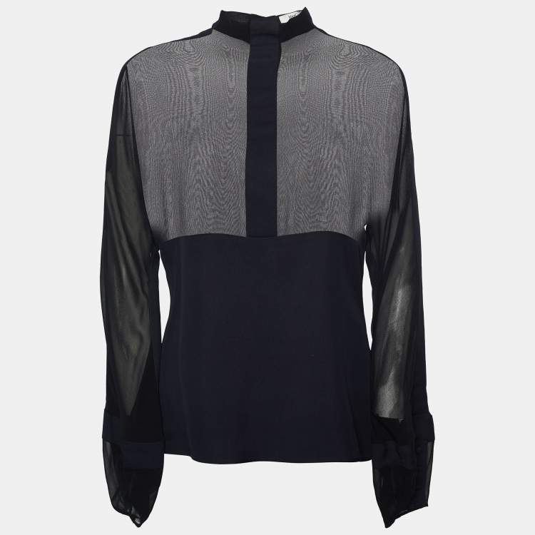 Pre Owned Yves Saint Laurent Rive Gauche Black Chiffon & Crepe High Neck Top M