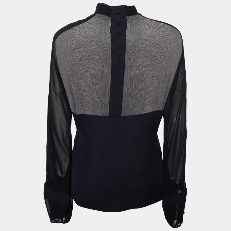 Pre Owned Yves Saint Laurent Rive Gauche Black Chiffon & Crepe High Neck Top M