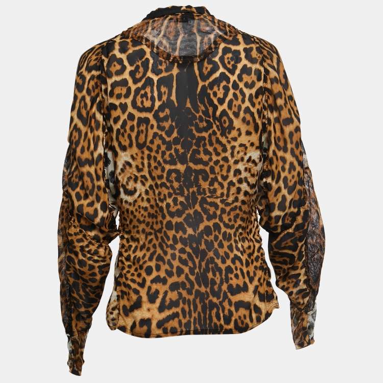 Pre Owned Saint Laurent Black Animal Print Silk Zip Front Neck Tie Detail Full Sleeve Top L