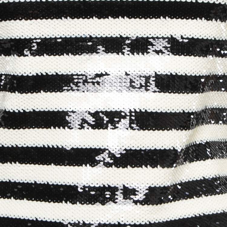 Pre Owned Saint Laurent Black/White Stripe Pattern Sequin Sleeveless Mini Dress M