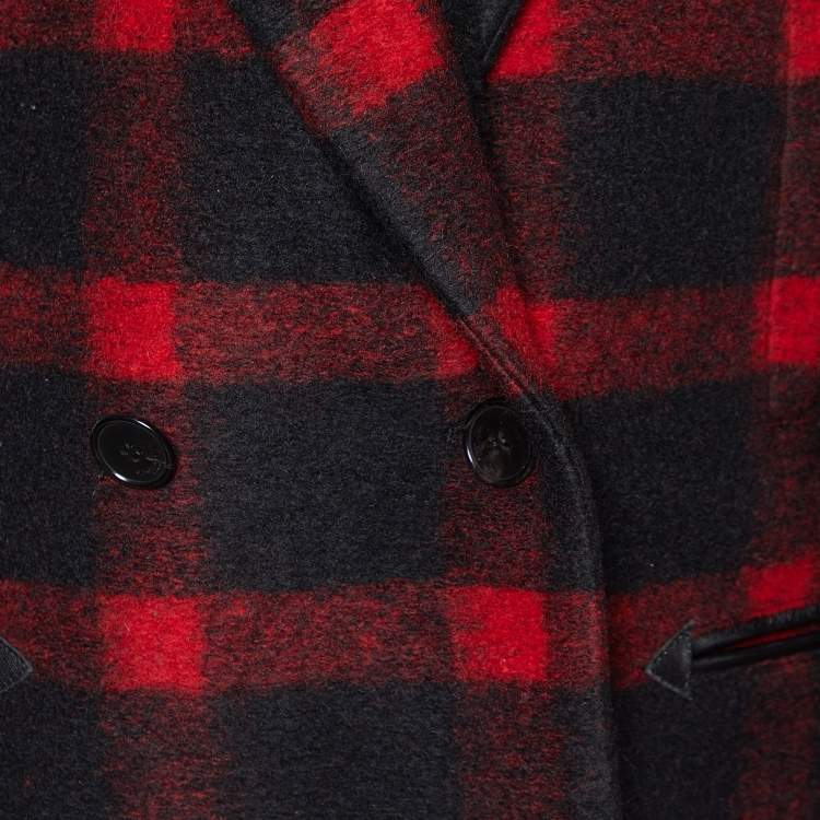 Pre Owned Saint Laurent Red & Black Wool Blend & Shearling Collar Double Breasted Blazer S