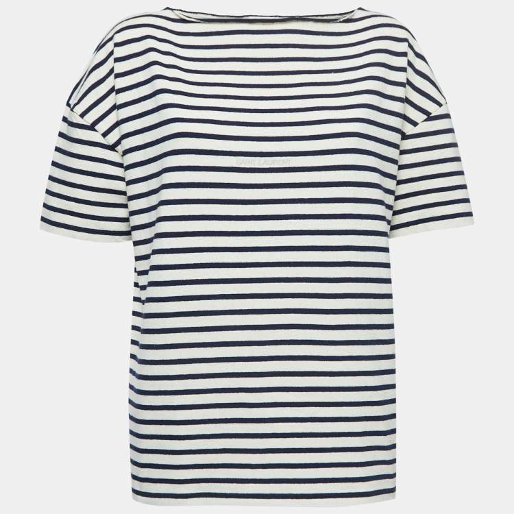 Pre Owned Saint Laurent Cream/Navy Blue Striped Cotton T-Shirt L