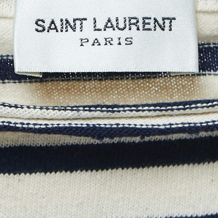Pre Owned Saint Laurent Cream/Navy Blue Striped Cotton T-Shirt L
