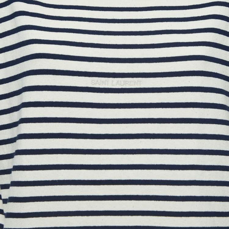 Pre Owned Saint Laurent Cream/Navy Blue Striped Cotton T-Shirt L