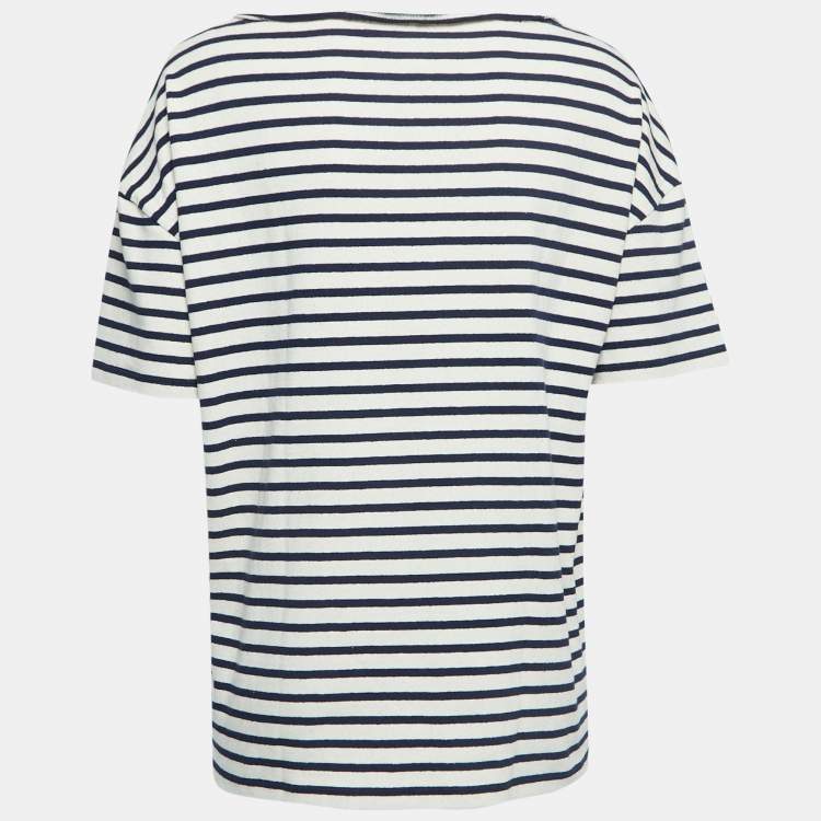 Pre Owned Saint Laurent Cream/Navy Blue Striped Cotton T-Shirt L