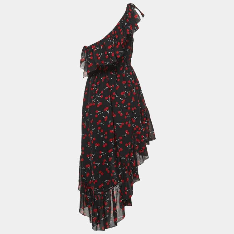 Pre Owned Saint Laurent Black Cherry Printed Silk Ruffled One-Shoulder Dress L