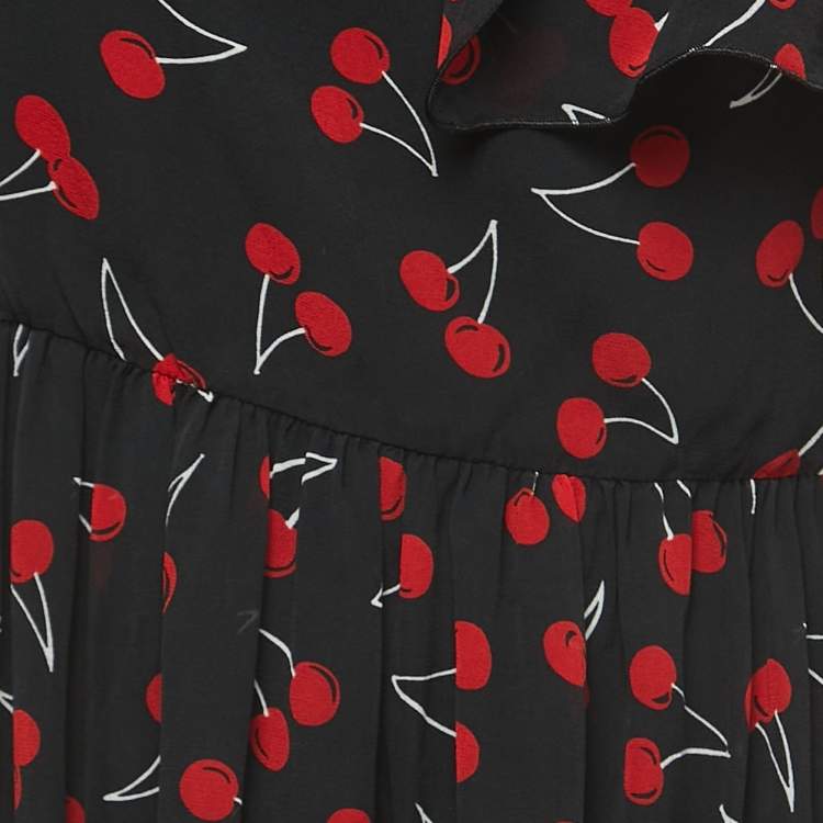 Pre Owned Saint Laurent Black Cherry Printed Silk Ruffled One-Shoulder Dress L