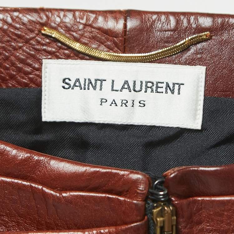 Pre Owned Saint Laurent Brown Ruched Leather Mini Skirt S
