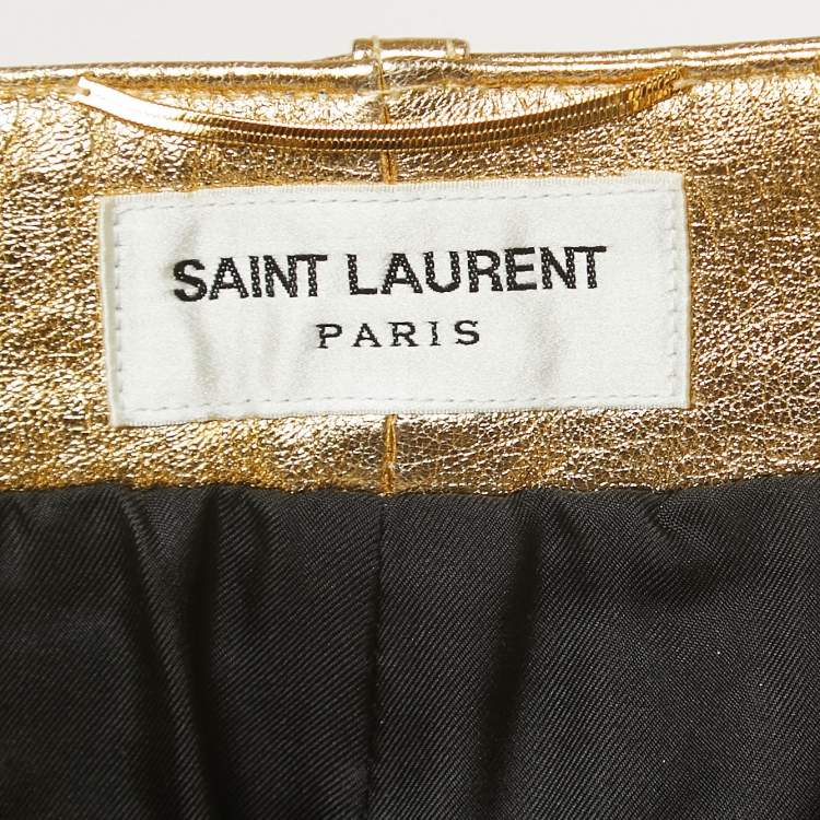 Pre Owned Saint Laurent Metallic Gold Leather Mini Shorts M
