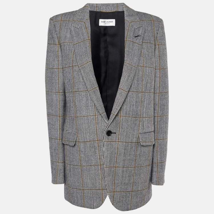 Pre Owned Saint Laurent Craie Noir Ocre Checked Wool Tailored Blazer M