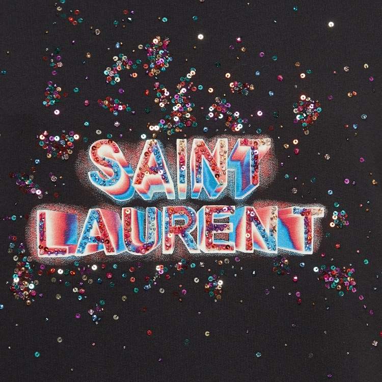 Pre Owned Saint Laurent Paris Black Cotton Embellished Logo Sweatshirt L