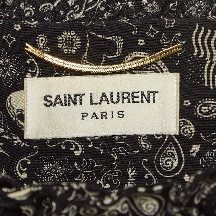 Pre Owned Saint Laurent Black Skull Print Silk Shirred Mini Skirt M