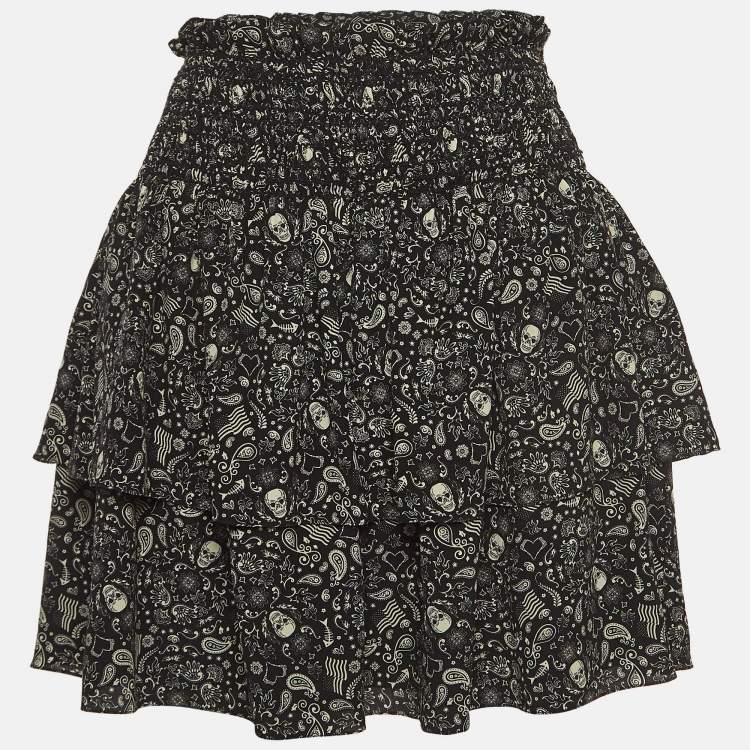 Pre Owned Saint Laurent Black Skull Print Silk Shirred Mini Skirt M