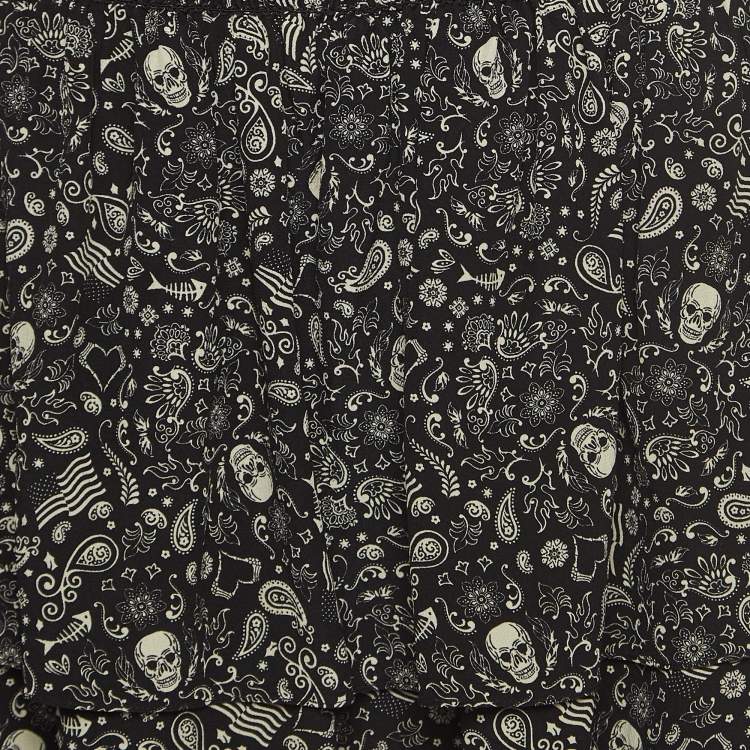 Pre Owned Saint Laurent Black Skull Print Silk Shirred Mini Skirt M