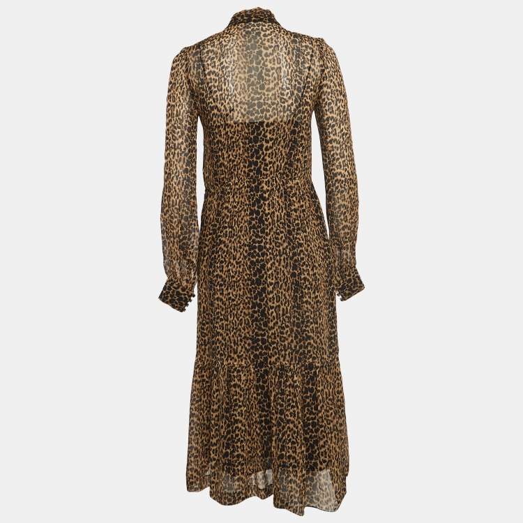 Pre Owned Saint Laurent Brown Leopard Print Chiffon Midi Dress S