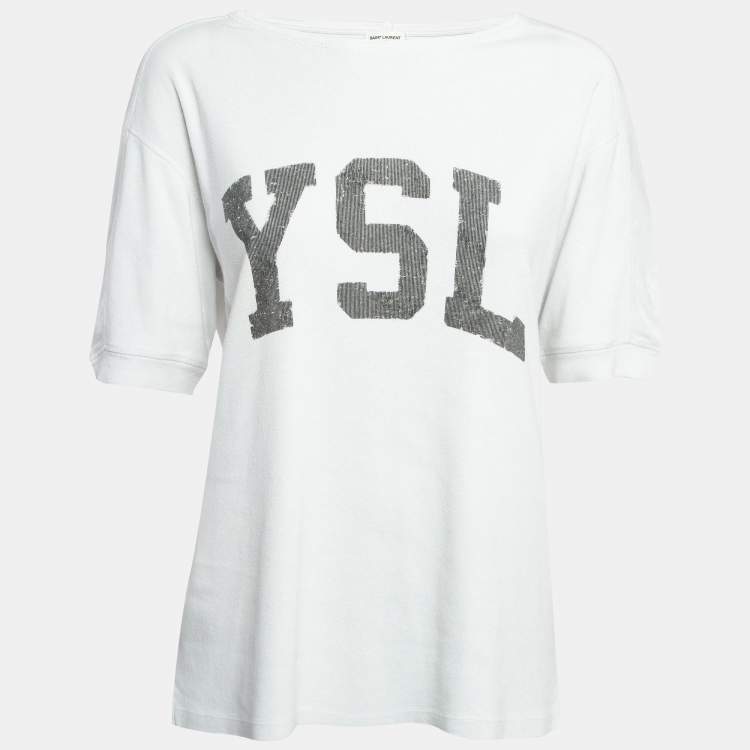 Pre Owned Saint Laurent Paris White Logo Print Cotton Knit Oversized T-Shirt XS