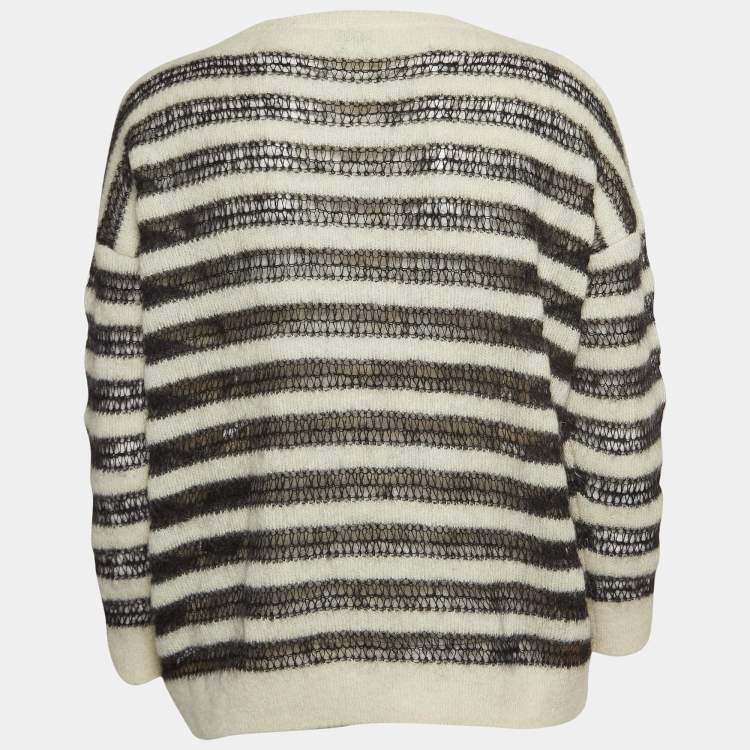 Pre Owned Saint Laurent Paris Cream/Black Striped Mohair Blend Bateau Neckline Jumper S
